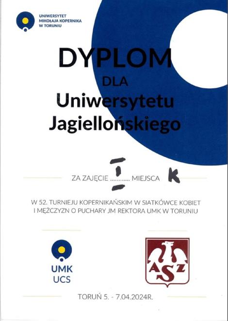 Zdjęcie nr 13 (14)
                                	                             Dyplom dla Uniwersytetu Jagiellońskiego za zajęcie pierwszego miejsca w 52 Turnieju Kopernikańskim w siatkówce kobiet o puchar JM Rektora UMK w Toruniu.
                            