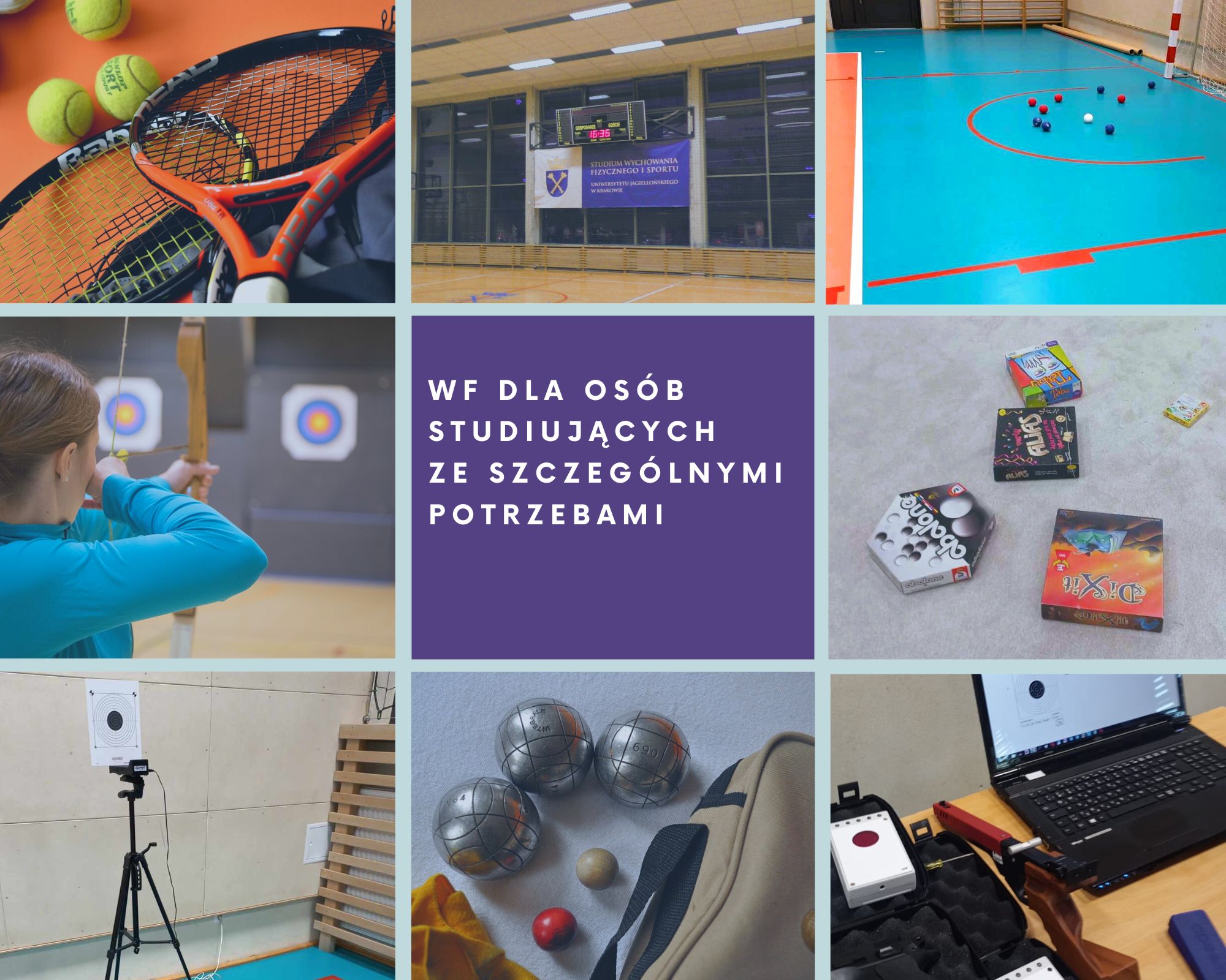 Kolaż przedstawiający różne boiska sportowe, w tym koszykówkę i siatkówkę.